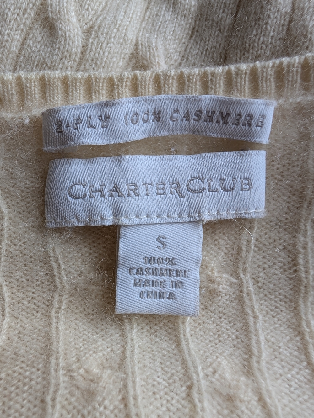 100% Cashmere Cable Knit V-Neck Sweater Size S Ivory Charter Club - Picture 8 of 11